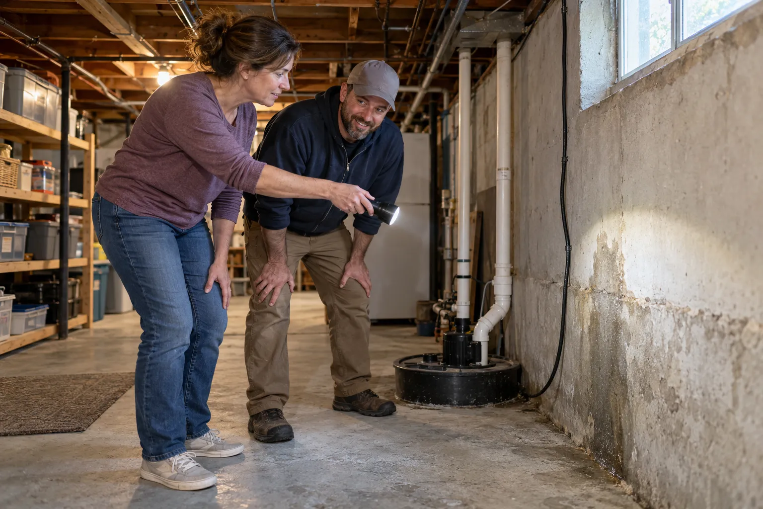 Homeowner checking a basement wall for mold in Scandia